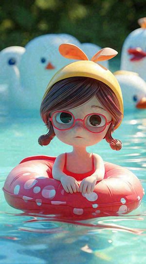 夏日卡通少女泳池游泳玩耍运动，夏天暑期