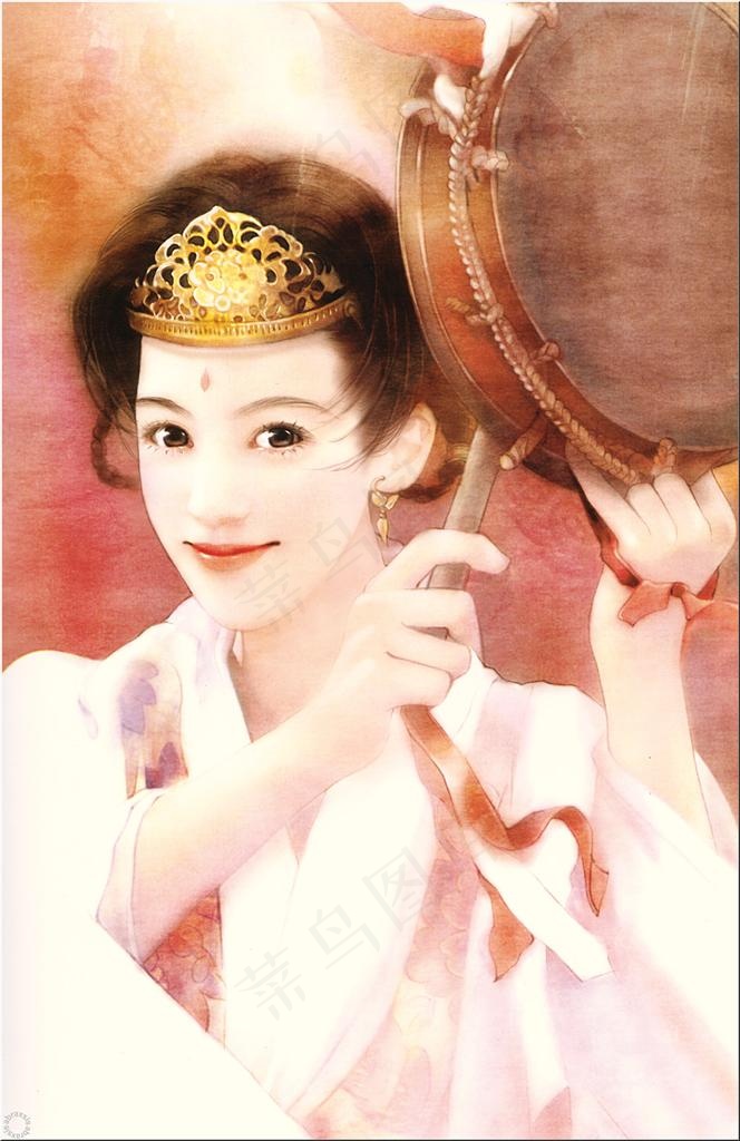 德珍手绘古典打手鼓的美人