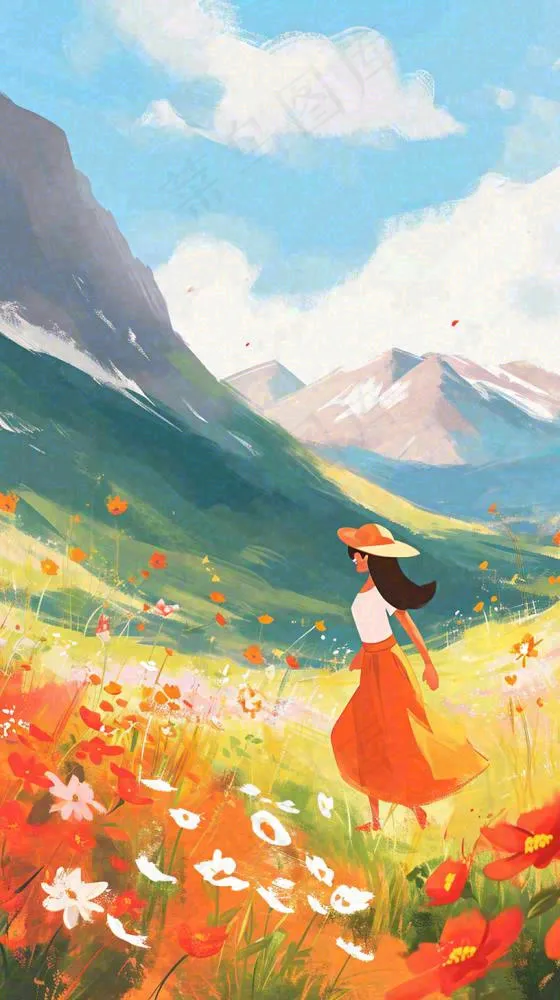 春天山脉草坪花海上穿裙子的女孩油画手绘插画，清新浪漫，踏青春游(816x1456)