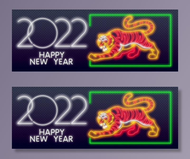 夜晚霓虹灯发光字特效老虎2022新年虎年春节元素矢量平面设计素材eps,ai矢量模版下载