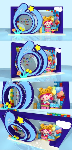 六一儿童节气球积木女孩童趣元素蓝色背景商场美陈