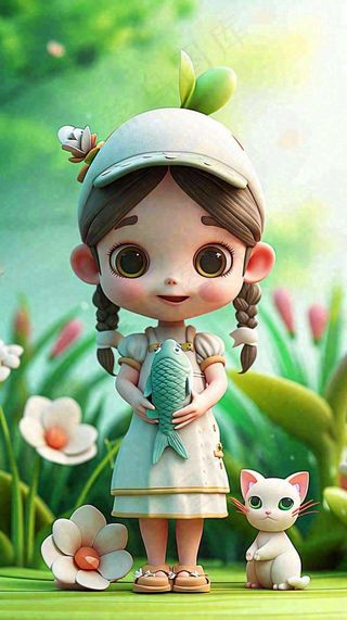 儿童节小女孩田间游玩小草小花，动物鱼类可爱