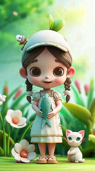 儿童节小女孩田间游玩小草小花，动物鱼类可爱