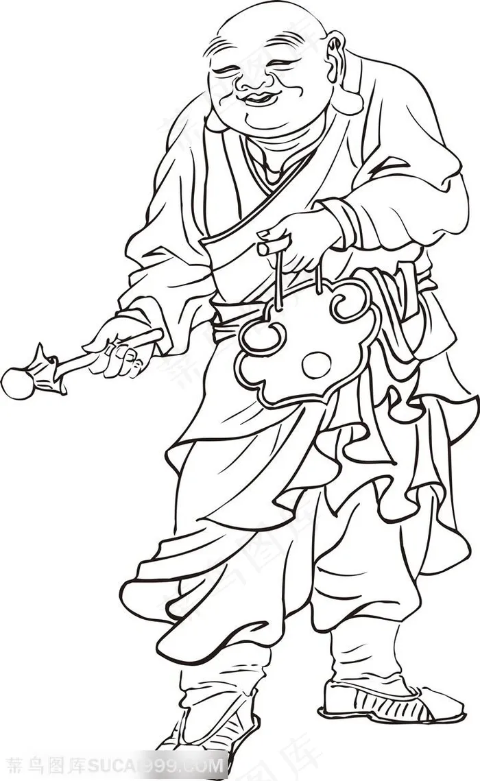 敲锣打鼓的和尚手绘线描108罗汉矢量绘画图片