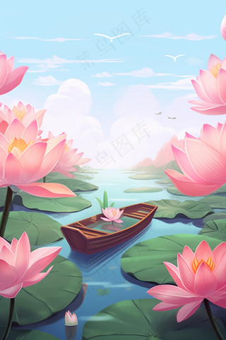 荷花莲花荷叶盛开卡通插画