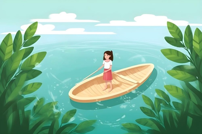 湖面划船睡莲湖水绿叶芦苇插画背景