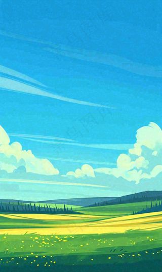 蓝天白云草地山脉插画手绘