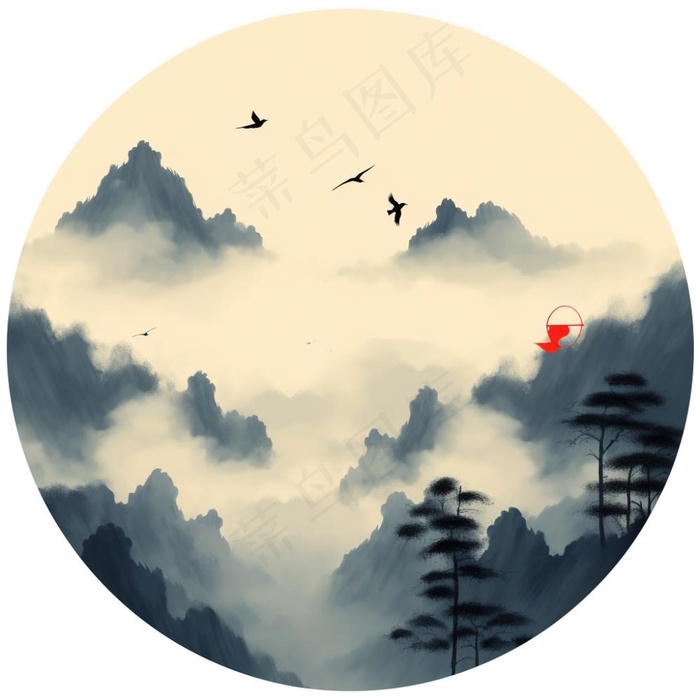 山水画水墨画圆形插画免抠(1024x1024)