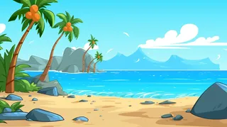 卡通插画海边沙滩礁石椰子树