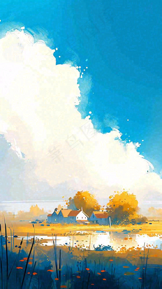 春天乡村河流倒影草地蓝天白云小屋手绘插画(816x1456)