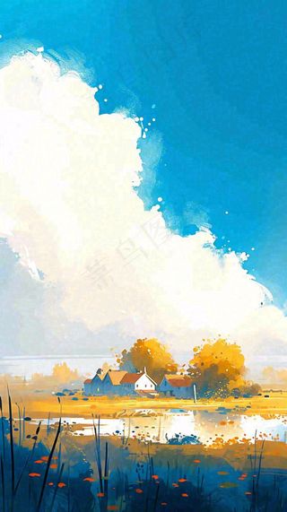 春天乡村河流倒影草地蓝天白云小屋手绘插画