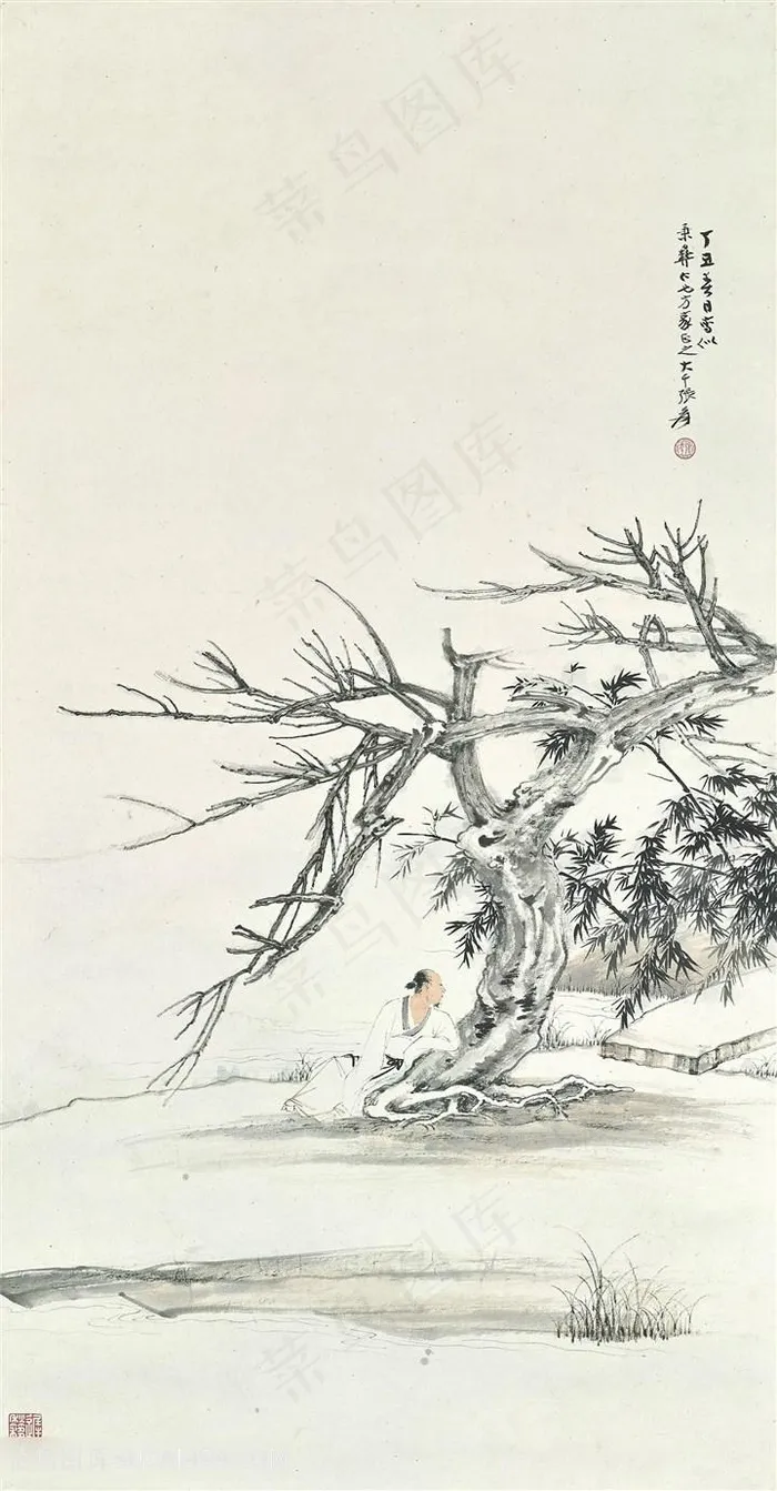 张大千手绘树枝大树水墨风景画
