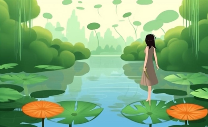 赏花荷叶睡莲女孩插画背景