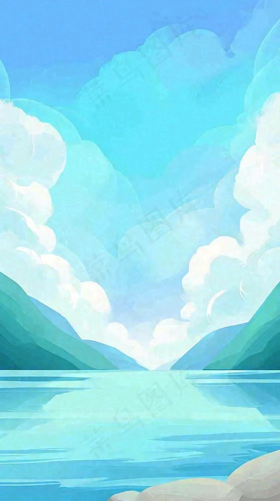 夏天蓝色扁平卡通插画蓝天白云湖水远山(816x1456)