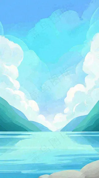 夏天蓝色扁平卡通插画蓝天白云湖水远山