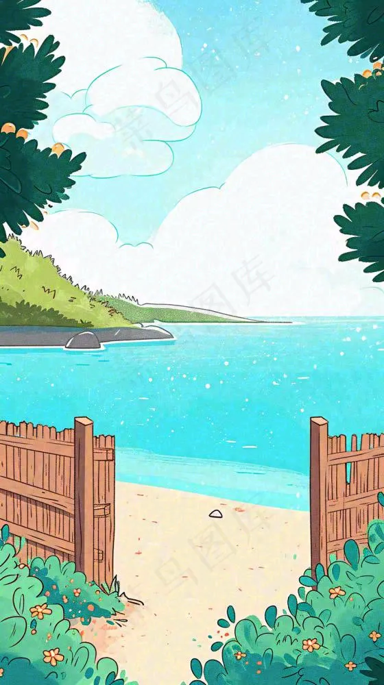 海边沙滩玩耍旅行夏日假期游玩手绘插画，可爱清新，夏至小暑大暑(816x1456)