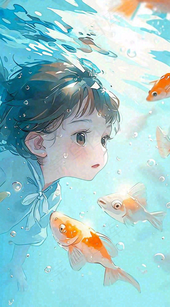 夏天泳池游泳少年儿童手绘插画，夏至小暑(816x1472)