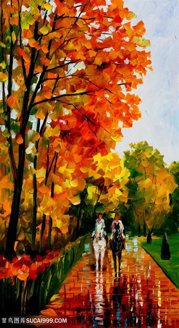 水彩道路枫树油画美景装饰画