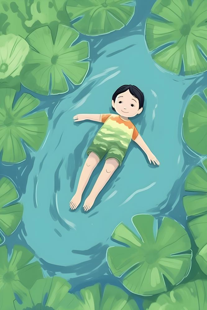 夏日玩水湖面植物荷叶睡莲插画背景(2400x3600)