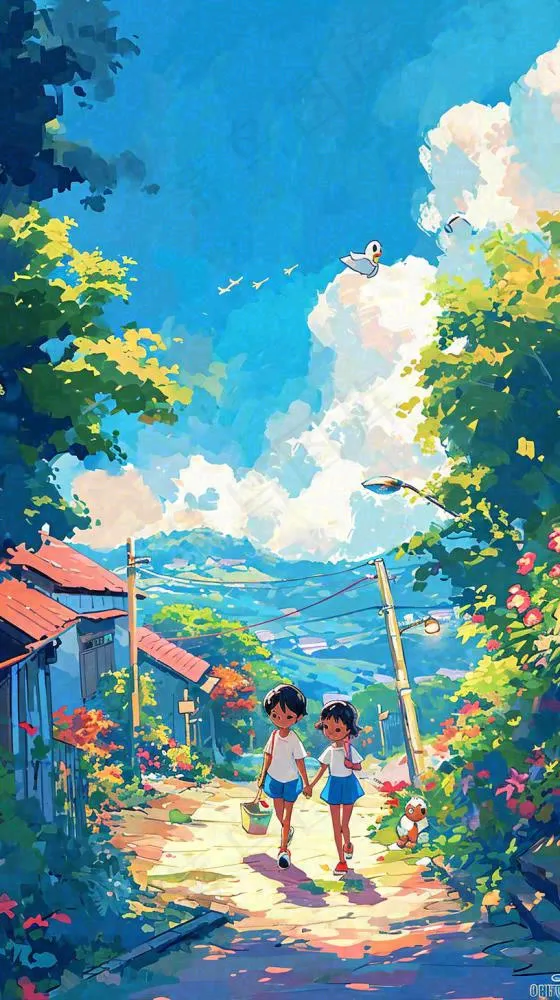 清新蓝天白云儿童路边行走手绘插画，花丛草地植物(816x1456)