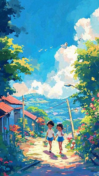 清新蓝天白云儿童路边行走手绘插画，花丛草地植物