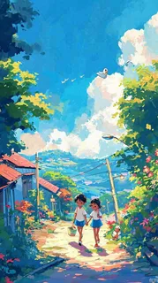 清新蓝天白云儿童路边行走手绘插画,花丛草地植物 清新蓝天白云儿童路边行走手绘插画,花丛草地植物