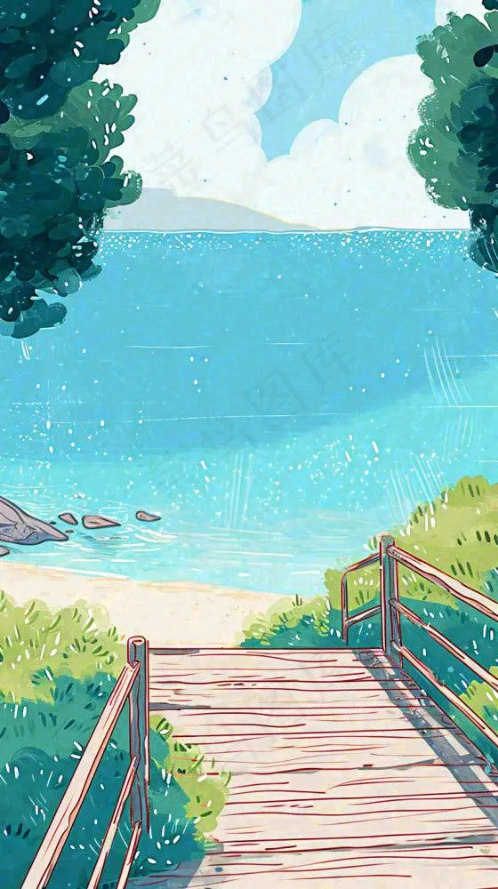 海边沙滩玩耍旅行夏日假期游玩手绘插画，可爱清新，夏至小暑大暑(816x1456)
