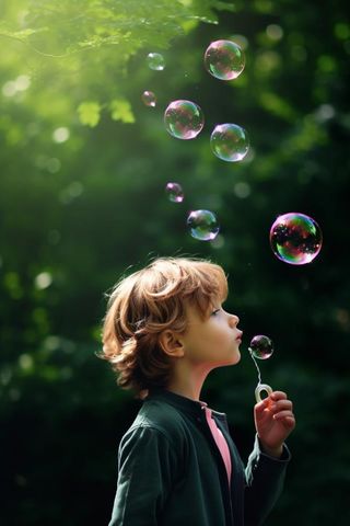 小孩吹泡泡玩耍绿叶背景