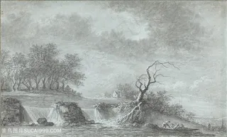 素描河流树风景画装饰画手绘插画