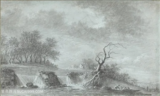 素描河流树风景画装饰画手绘插画 素描河流树风景画装饰画手绘插画