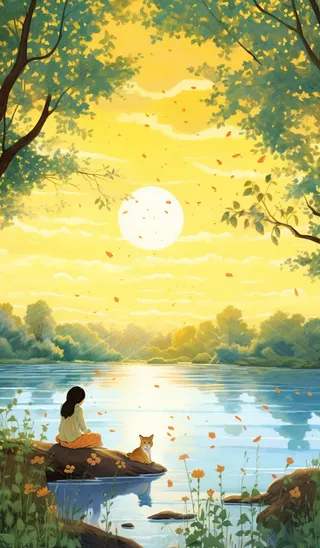 梦幻场景一个女孩和一条狗坐在湖边插画背景