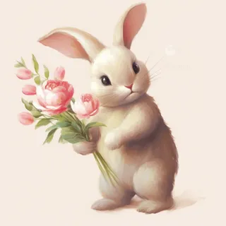 小白兔子拿着一束花卡通插画
