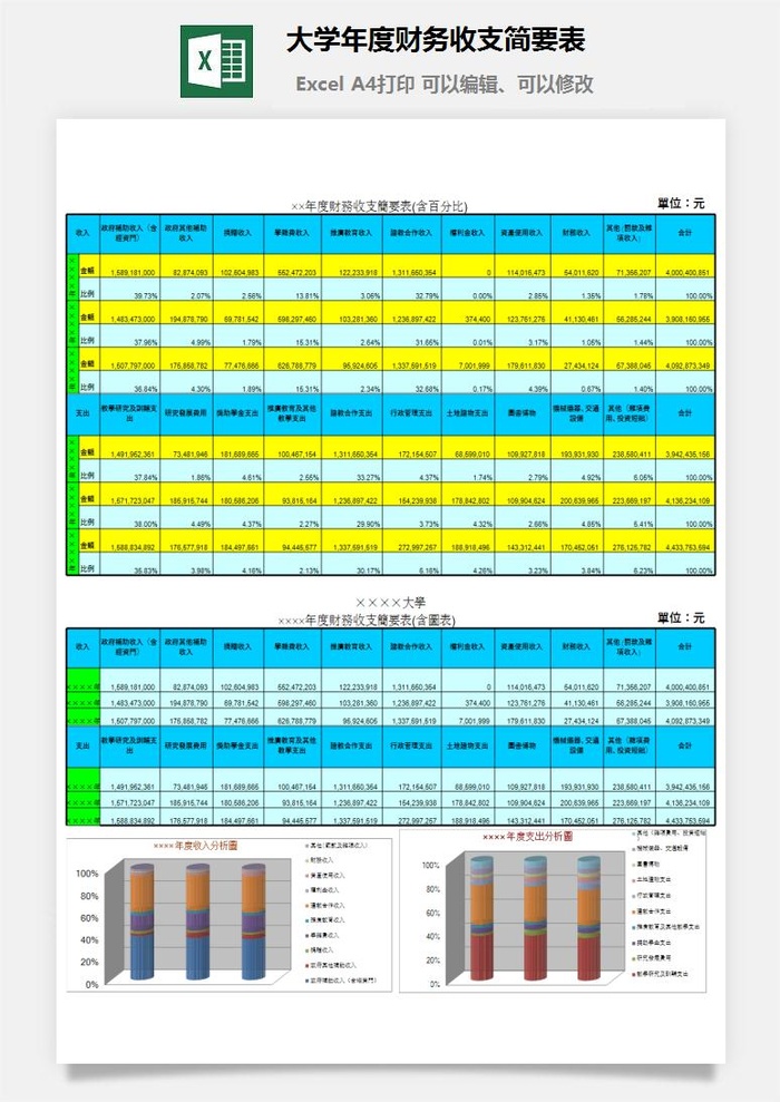 大学年度财务收支简要表excel模板