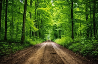 绿色茂密的森林中间有一条土路摄影图