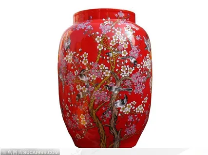 传统工艺-红色梅花麻雀花纹瓷罐 传统工艺-红色梅花麻雀花纹瓷罐