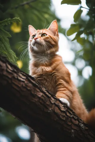 橘猫田园猫爬在树干上玩耍摄影图