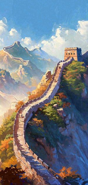 中国风长城雄伟建筑户外手绘插画