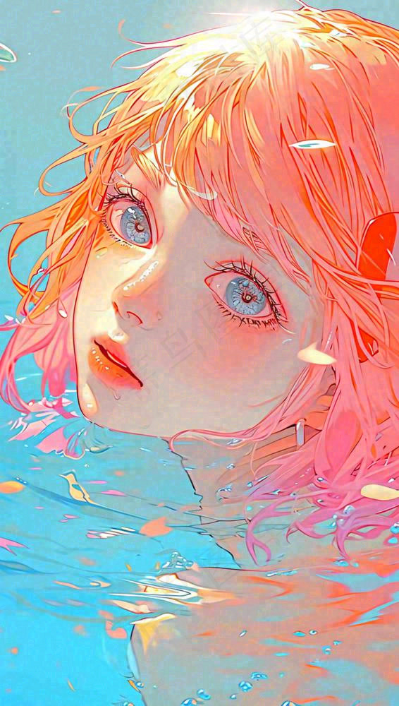 海底世界金鱼鱼类和小女孩人物游泳(816x1440)