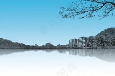 蓝天下池水边的楼房 蓝天下池水边的楼房