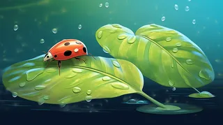 七星瓢虫在绿色叶子上露水卡通插画背景 