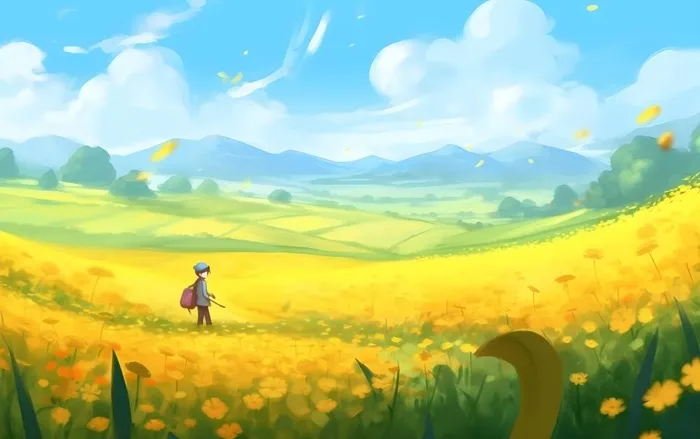 蓝天白云草坪草原人物黄色花朵手绘插画海报素材背景(5504x3456)