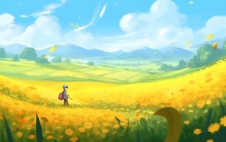 蓝天白云草坪草原人物黄色花朵手绘插画海报素材背景