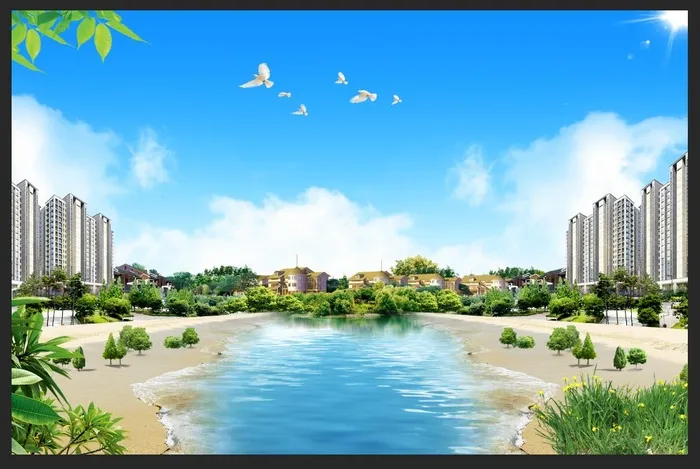 蓝天白云城市楼房图片psd模版下载