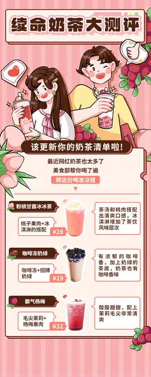 粉色卡通情侣背景奶茶店测评促销长图海报