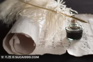 羽毛笔与墨水信纸高清图