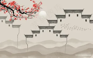 水墨山脉梅花建筑风景画
