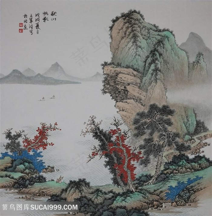 王军河工笔山水青绿山水传统山水皴法国画界画《秋山帆影》