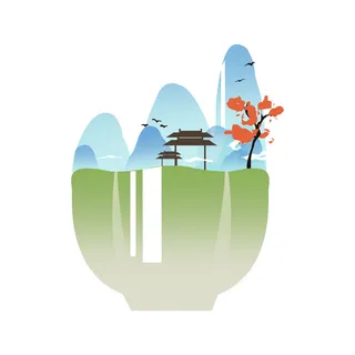 时尚微景观山水装饰庭院祥云中式国潮风插图插画元素素材设计模板