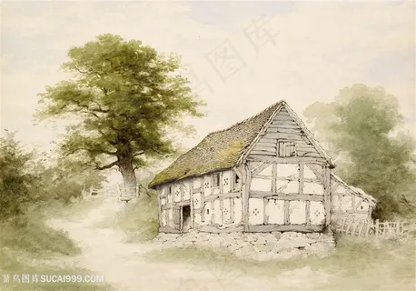 手绘房屋树木风光图片