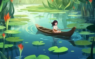 湖泊划船女孩山水风景背景